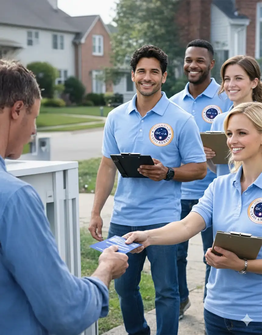 Organizing canvassers smiling outdoors in blue polo shirts
